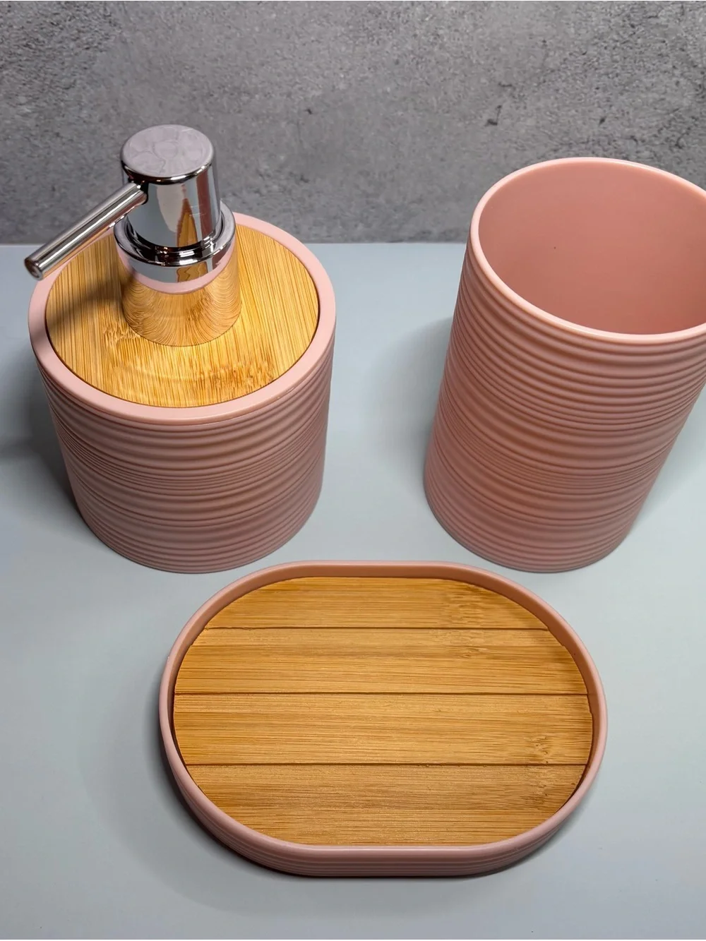 Pink Ceramic and Bamboo Bath Accessory Set - 3 Piece